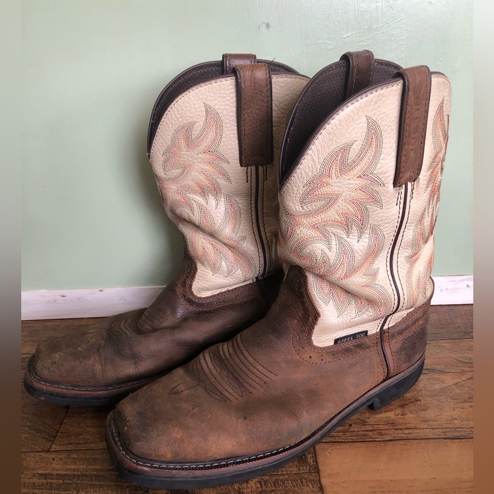 Justin cowboy boots size 11 D steel toe work shoes pull on white brown cowboy